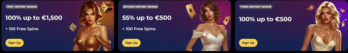 Three casino deposit bonus banners showing a first deposit bonus of 100% up to €1,500 with 150 free spins, a second deposit bonus of 55% up to €500 with 100 free spins, and a third deposit bonus of 100% up to €500, each featuring a female model and a “Sign Up” button on a dark gradient background.