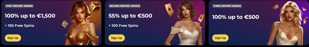 Three casino deposit bonus banners showing a first deposit bonus of 100% up to €1,500 with 150 free spins, a second deposit bonus of 55% up to €500 with 100 free spins, and a third deposit bonus of 100% up to €500, each featuring a female model and a “Sign Up” button on a dark gradient background.