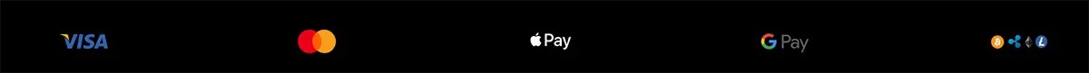 Payment methods strip displaying Visa, Mastercard, Apple Pay, Google Pay, and cryptocurrency icons on a black background.