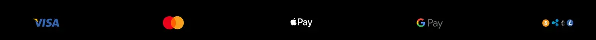 Payment methods strip displaying Visa, Mastercard, Apple Pay, Google Pay, and cryptocurrency icons on a black background.
